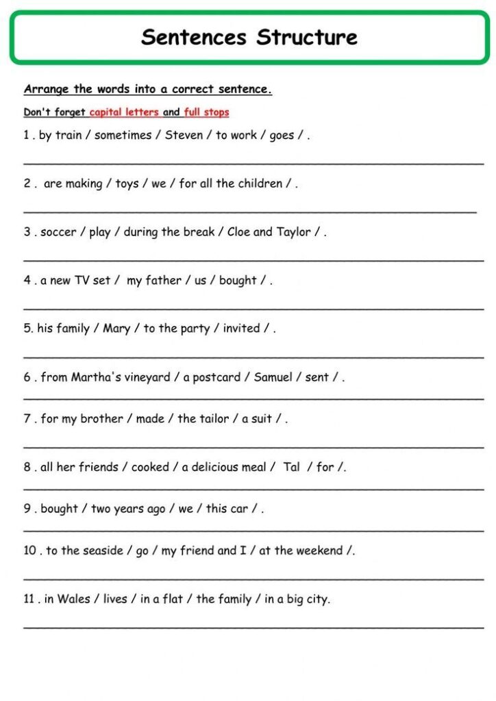 Sentence structure worksheet with eleven word order exercises