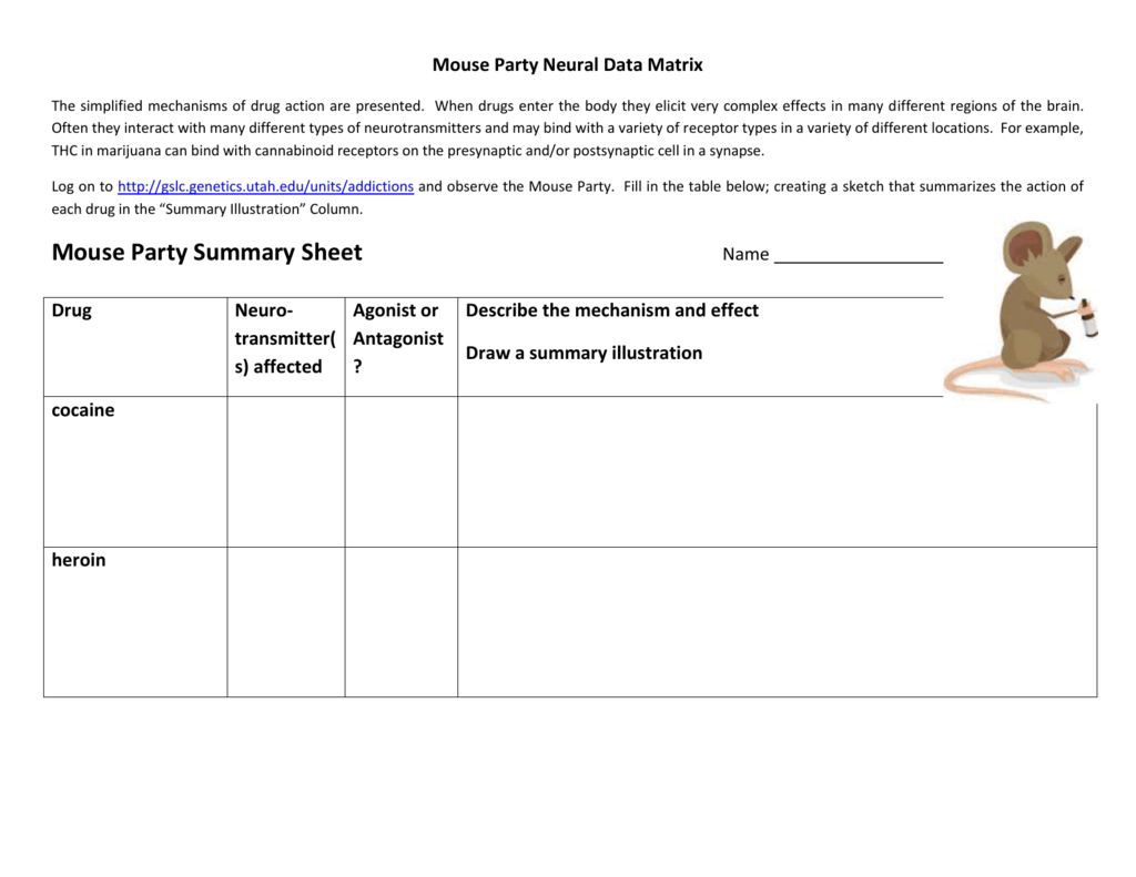 Mouse Party summary sheet with blank table and mouse illustration