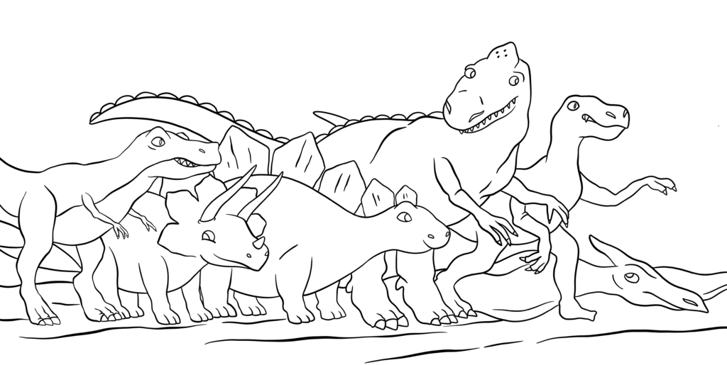 Black-and-white drawing of several dinosaurs grouped together