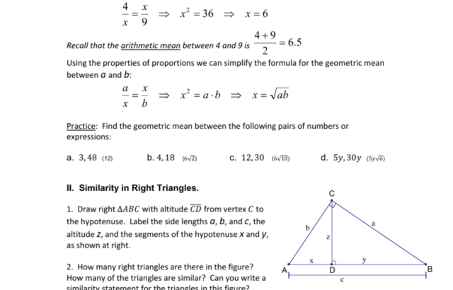 Geometry worksheet on geometric mean and triangles