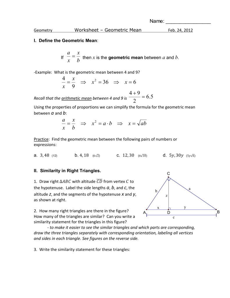 Geometry worksheet on geometric mean and triangles