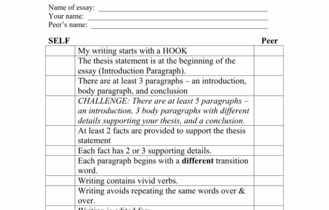 Expository writing self-peer checklist worksheet with table