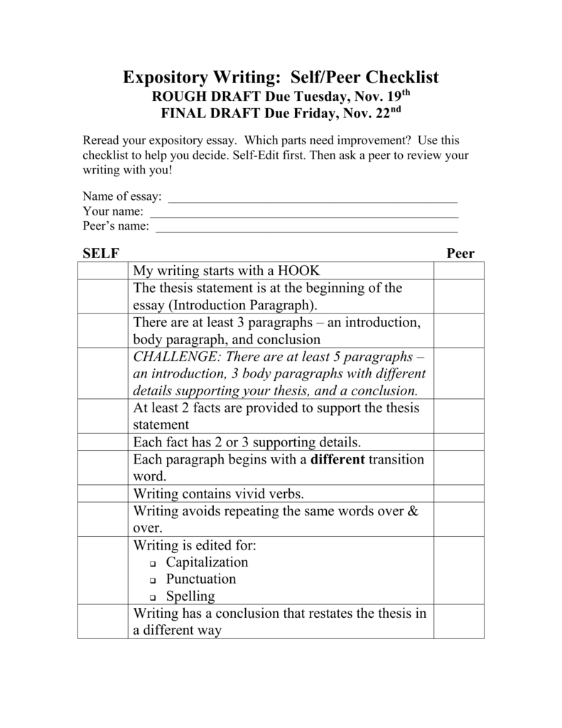 Expository writing self-peer checklist worksheet with table