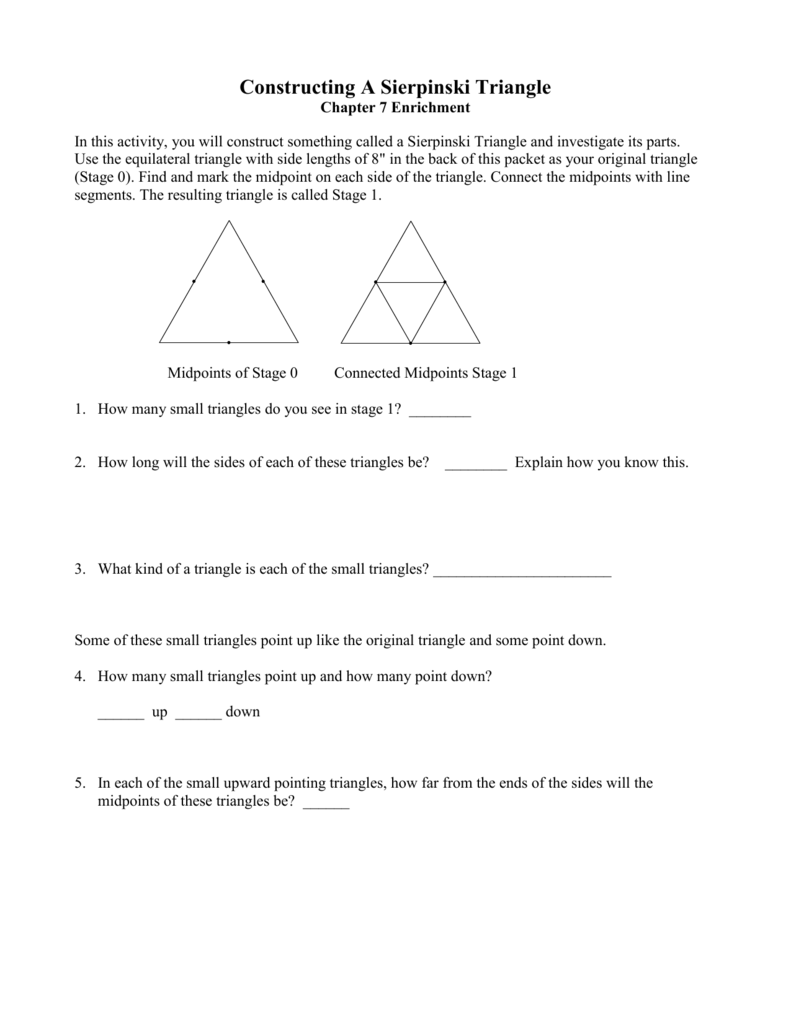 Sierpinski triangle worksheet with two triangle diagrams, questions