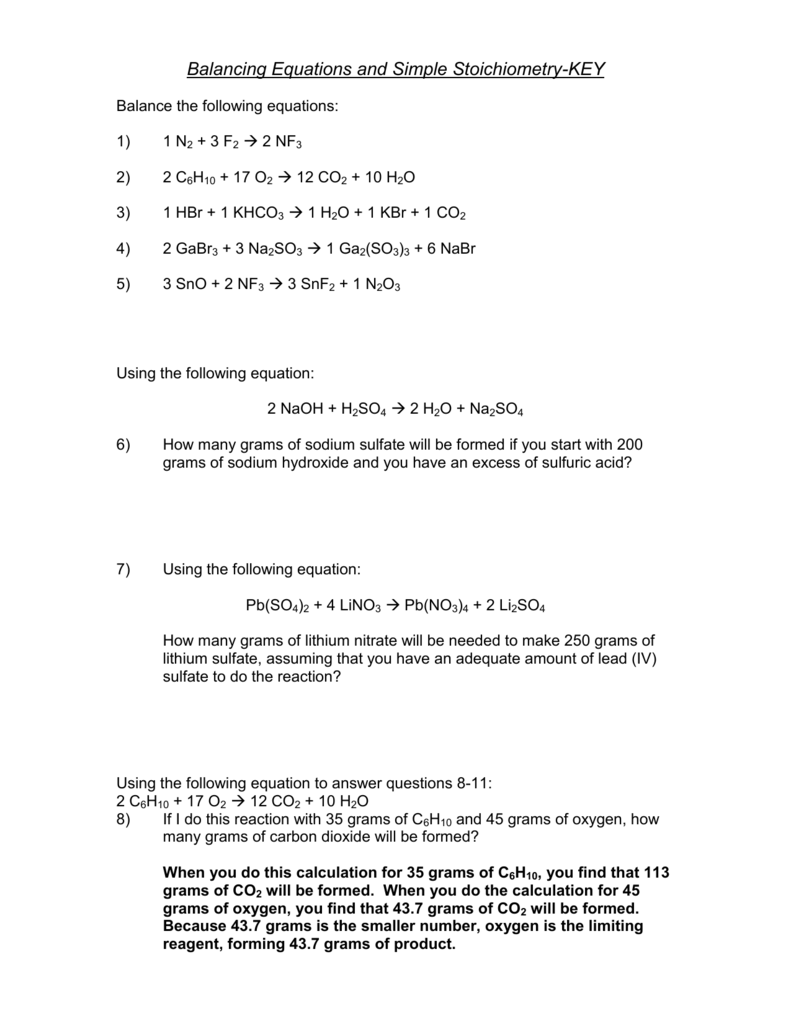 Chemistry stoichiometry worksheet with equations and questions