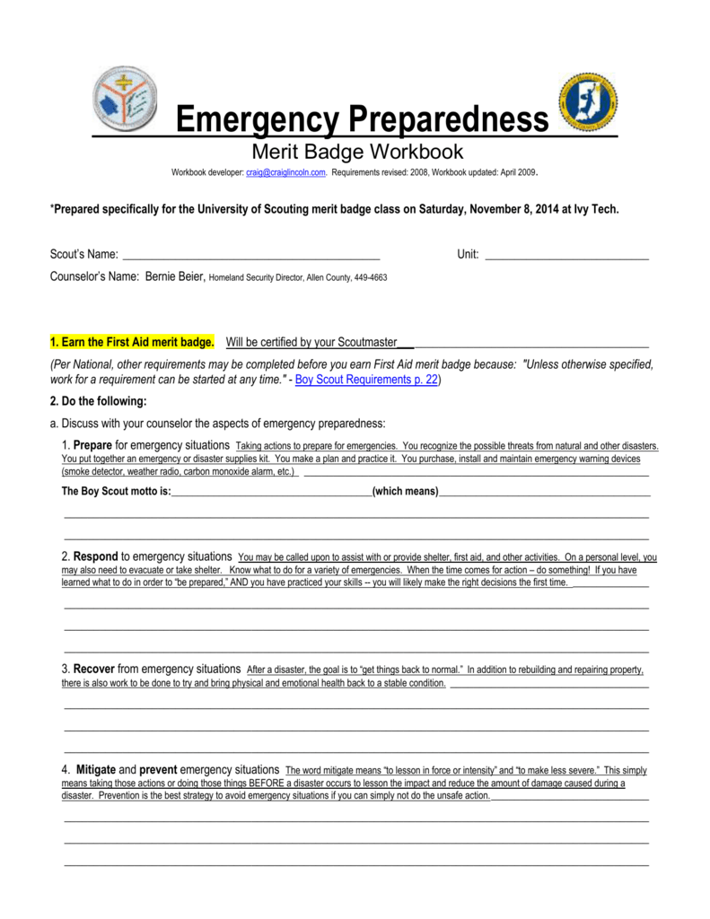 Emergency Preparedness Merit Badge Workbook page with text lines