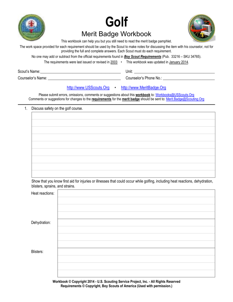 Golf merit badge workbook page with forms and lines