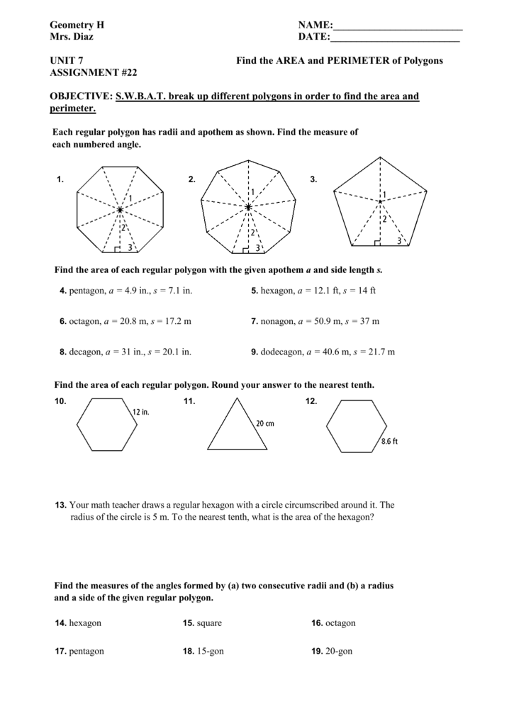 Geometry worksheet with polygon area and perimeter problems