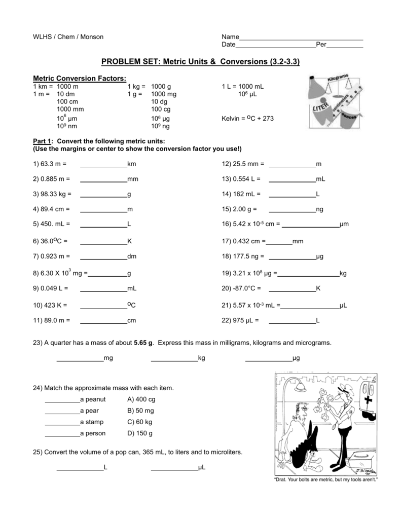 Metric units conversion worksheet with questions and cartoons