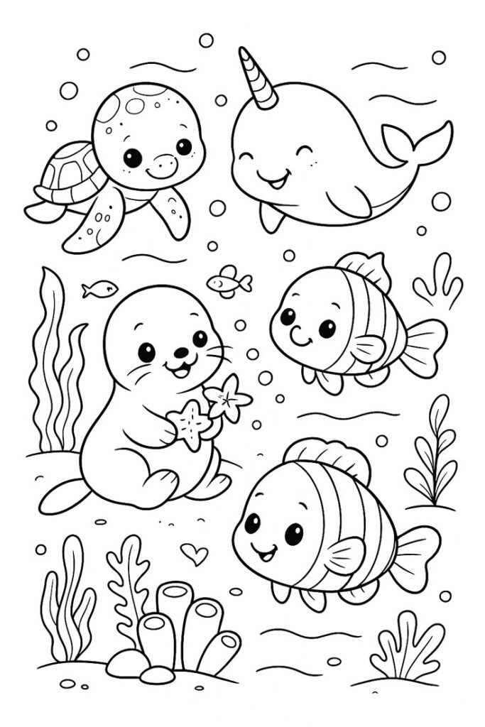 Cartoon sea animals in an underwater coloring page