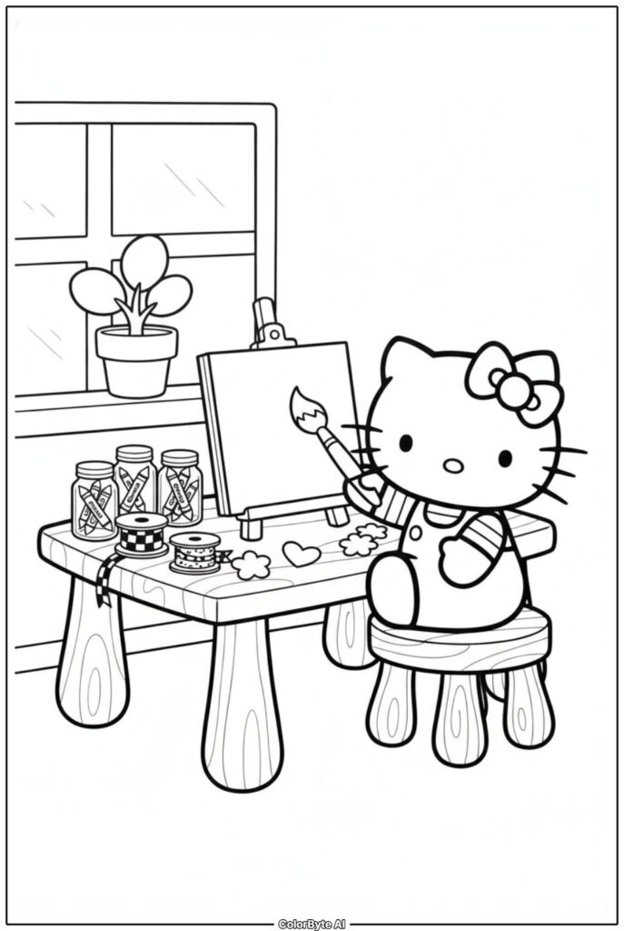 Hello Kitty painting at a table by window