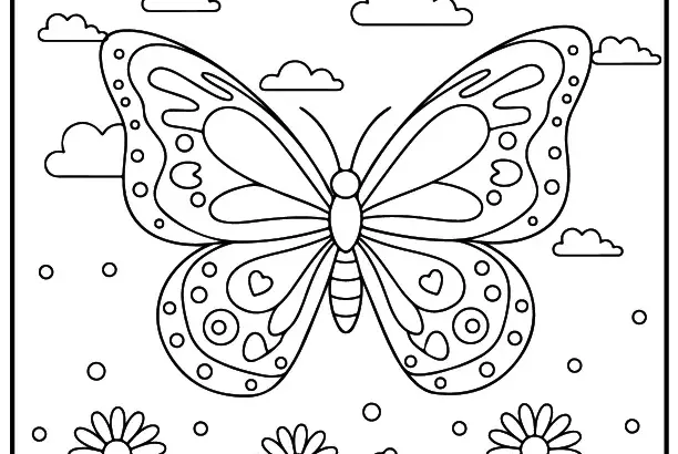 Butterfly coloring page with flowers and clouds