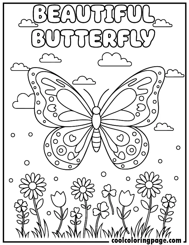 Butterfly coloring page with flowers and clouds