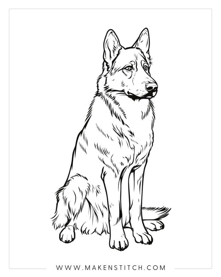 Black-and-white line drawing of sitting dog