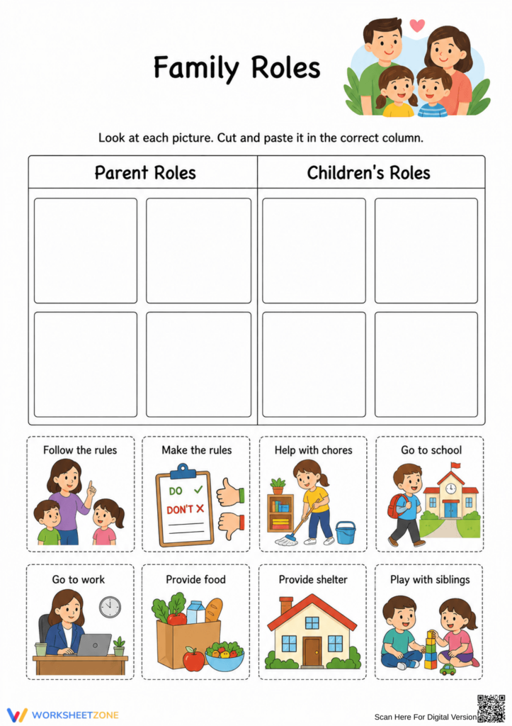 Family roles worksheet with parent and children columns