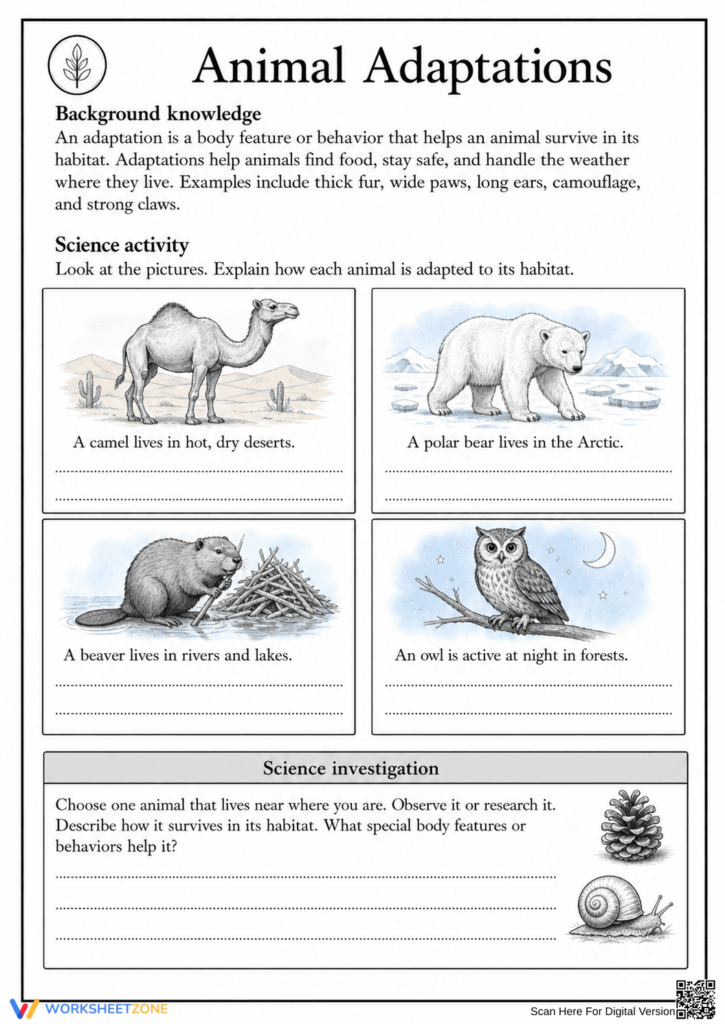 Animal adaptations worksheet with camel, polar bear, beaver, owl illustrations