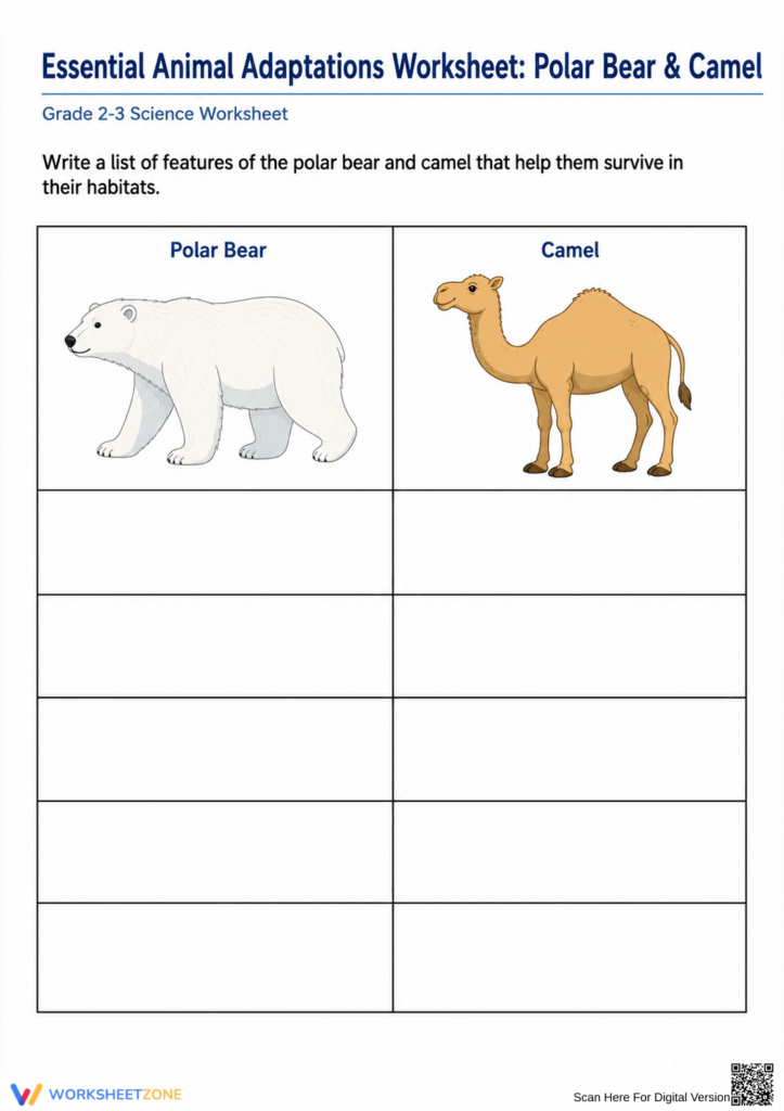 Animal adaptations worksheet with polar bear and camel images