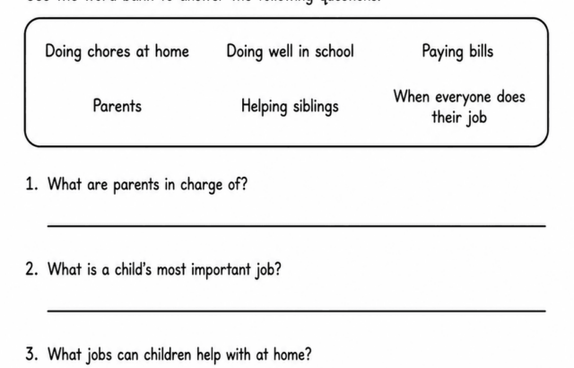 Family roles reading comprehension worksheet with family illustration