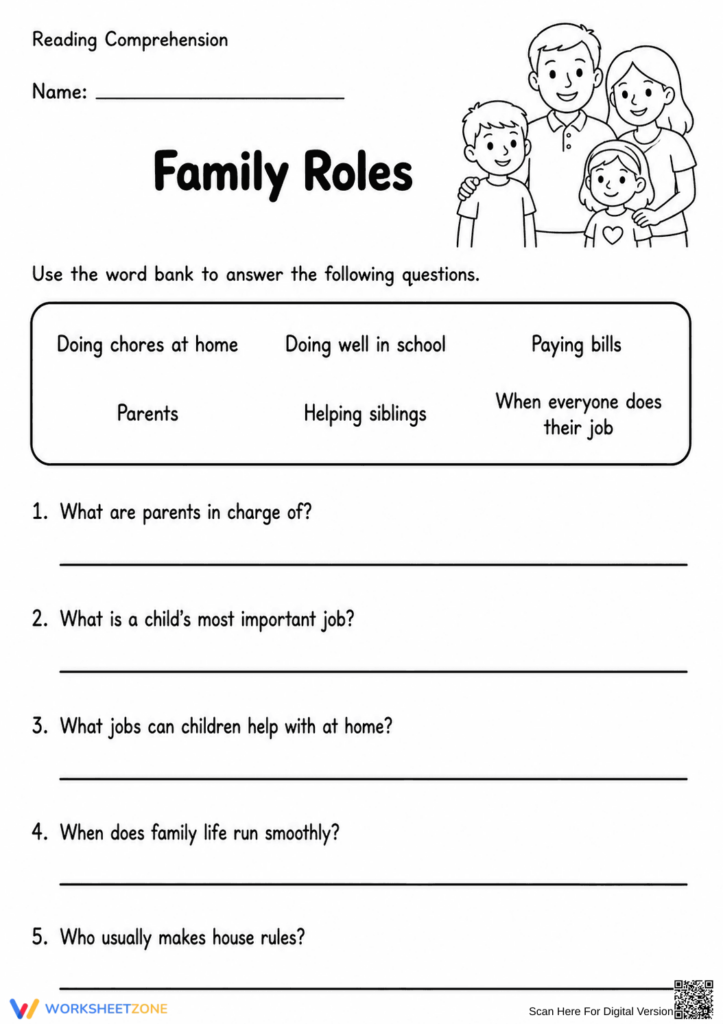 Family roles reading comprehension worksheet with family illustration