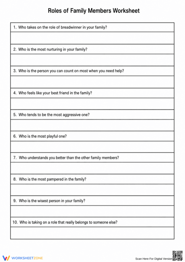 Blank family roles worksheet with ten numbered questions