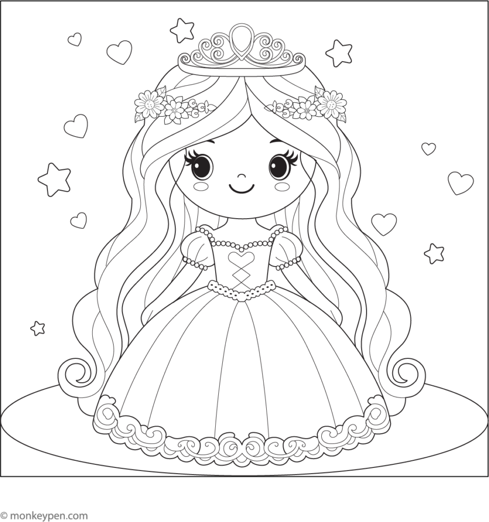Princess coloring page with hearts and stars