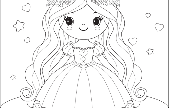 Princess coloring page with hearts and stars