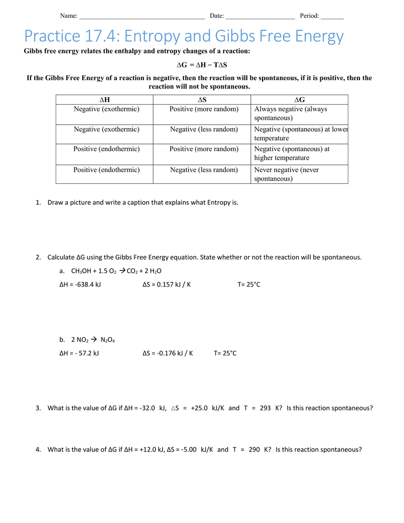 Chemistry worksheet about entropy and Gibbs free energy