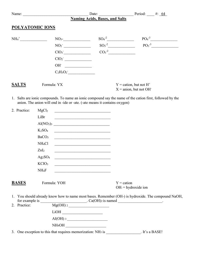 Chemistry worksheet titled Naming Acids, Bases, and Salts