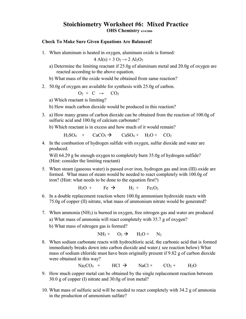 Stoichiometry worksheet with ten chemistry problems on page