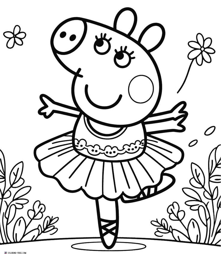 Cartoon pig ballerina with flowers and plants