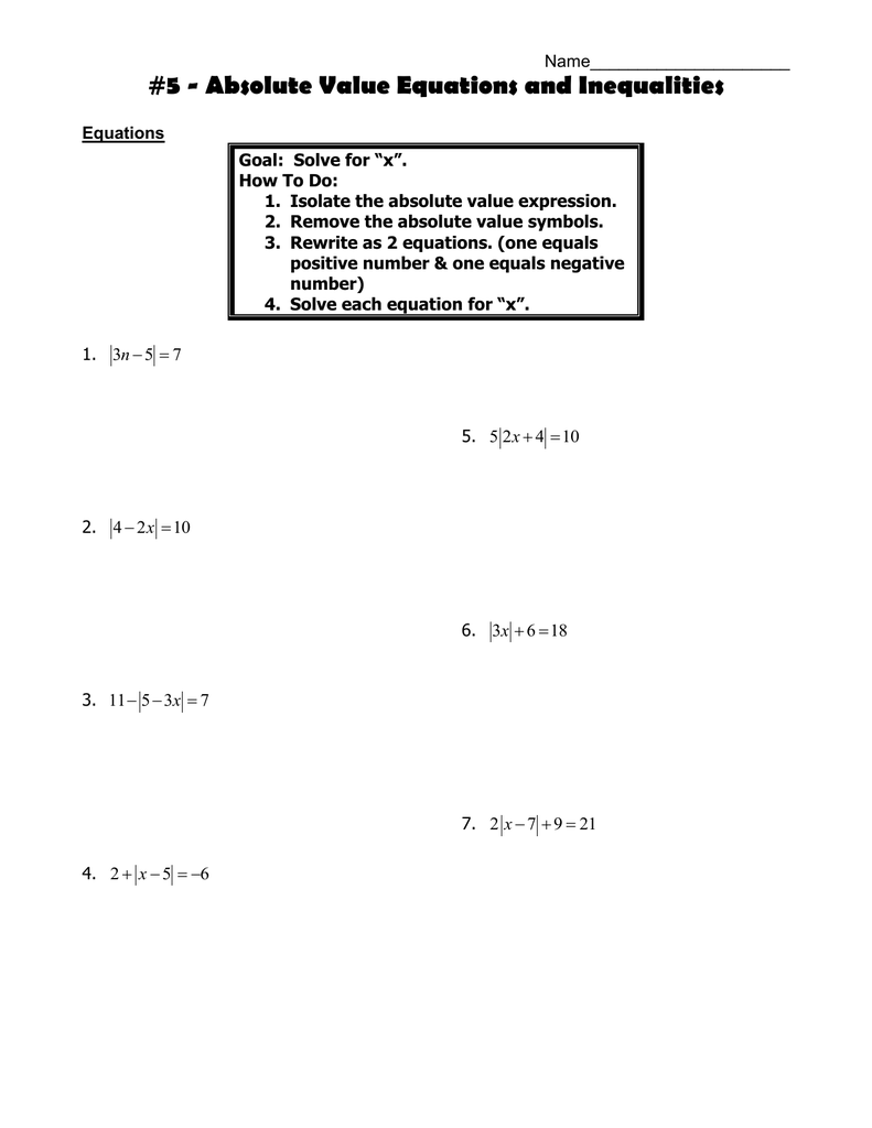 Absolute value equations worksheet with seven problems