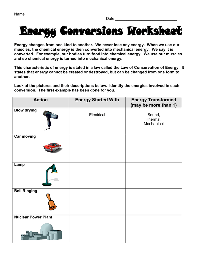Energy conversions worksheet with table and pictures