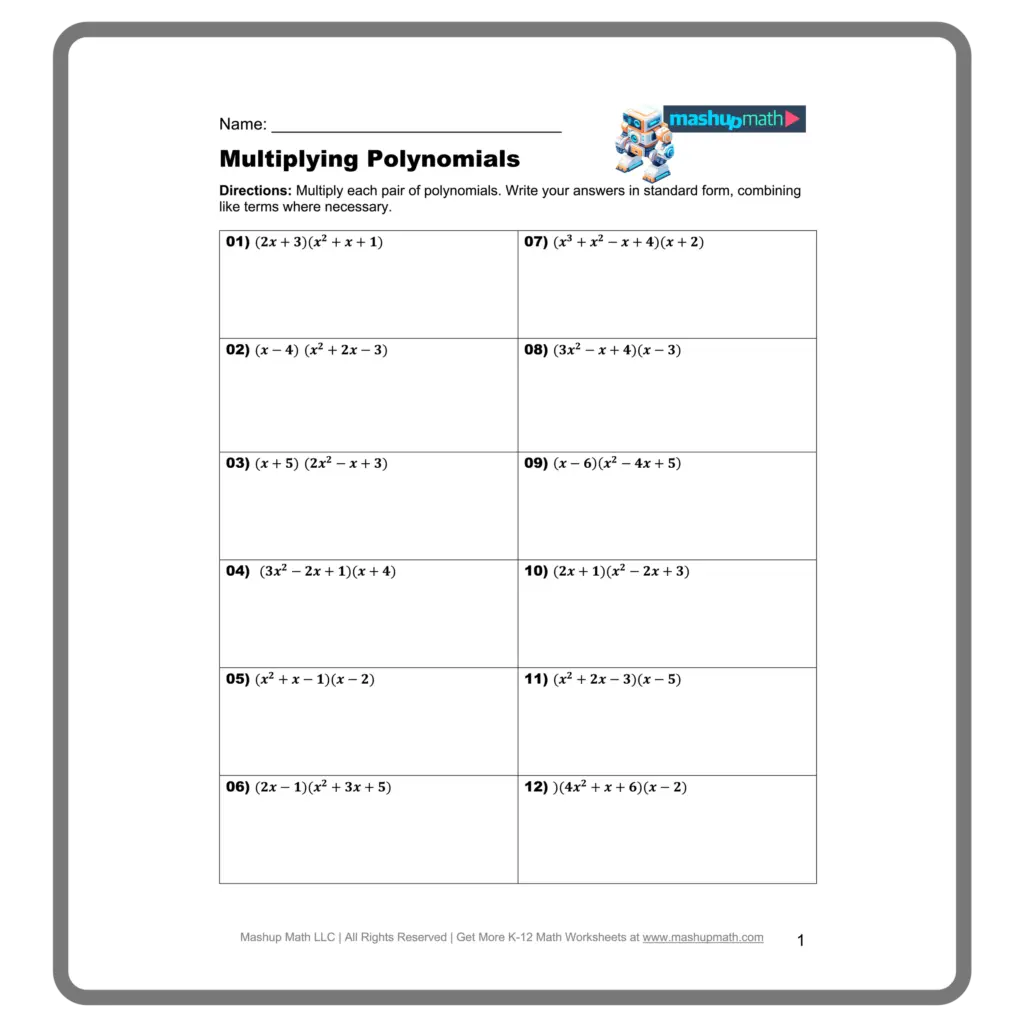 Polynomial multiplication worksheet with twelve problems