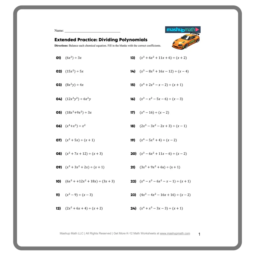 Math worksheet titled Extended Practice: Dividing Polynomials