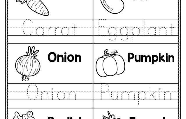 Vegetable tracing worksheet with six labeled pictures