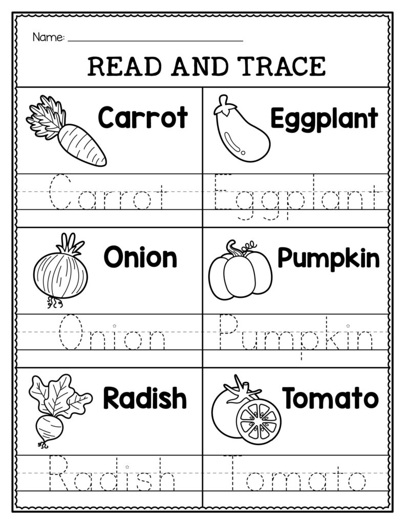 Vegetable tracing worksheet with six labeled pictures
