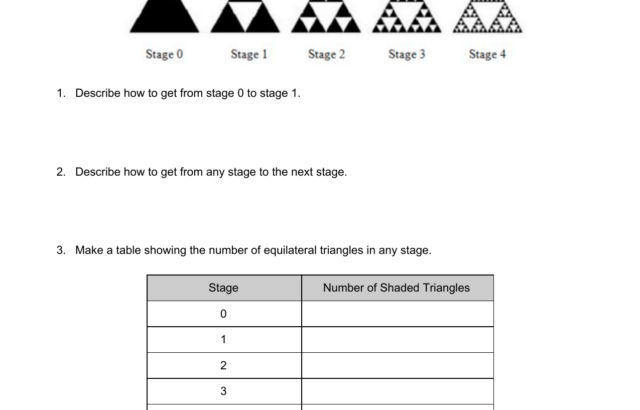 Fractals worksheet showing Sierpinski triangle stages and questions