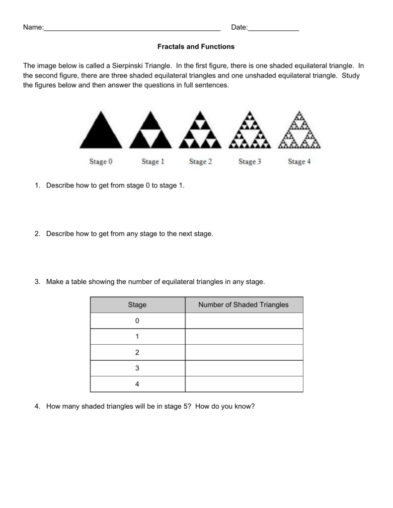 Fractals worksheet showing Sierpinski triangle stages and questions