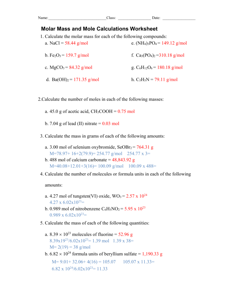 Chemistry molar mass worksheet with red answers
