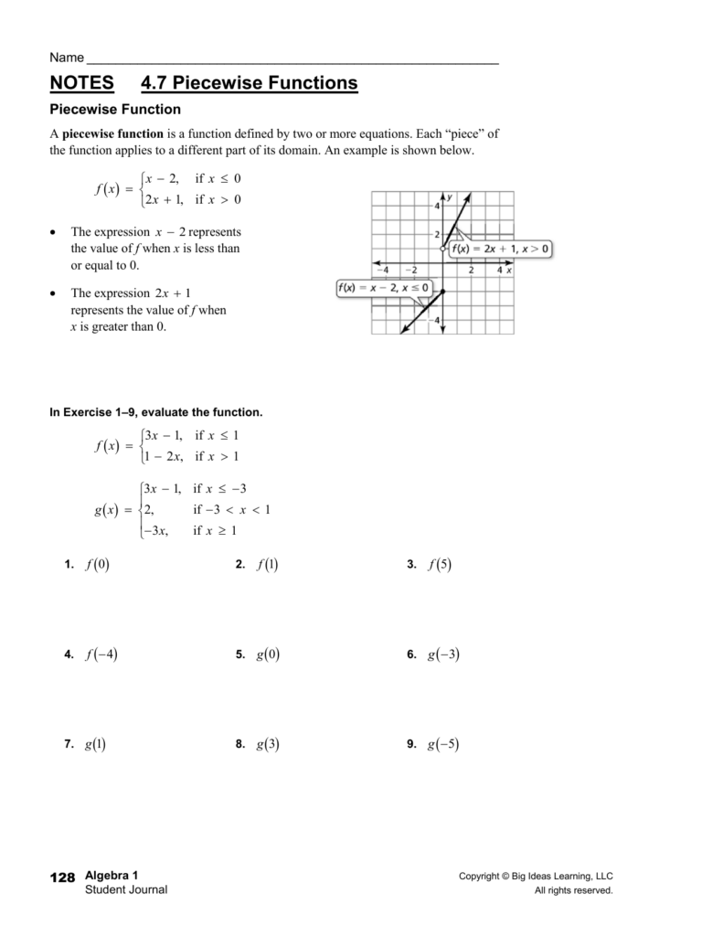 Algebra worksheet on piecewise functions with graph and questions