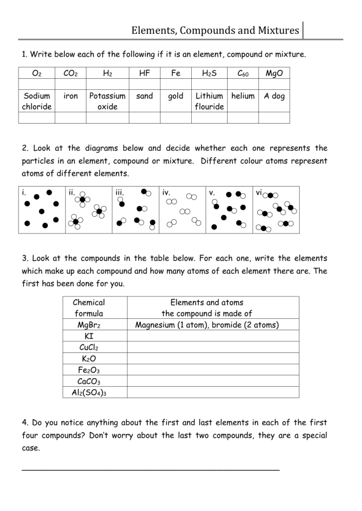 Chemistry worksheet about elements, compounds, and mixtures