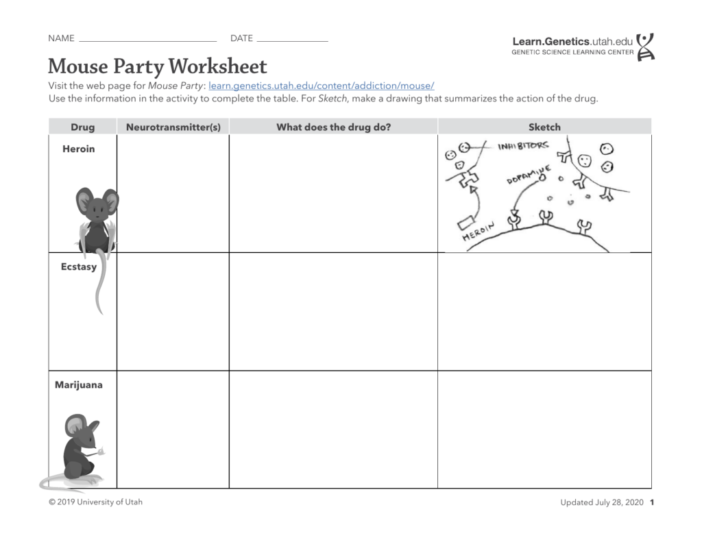 Mouse Party Worksheet showing drug table and mouse sketches