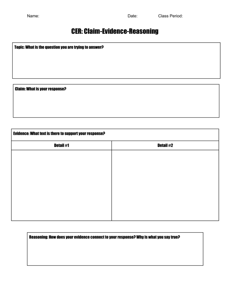 Blank CER claim-evidence-reasoning worksheet template