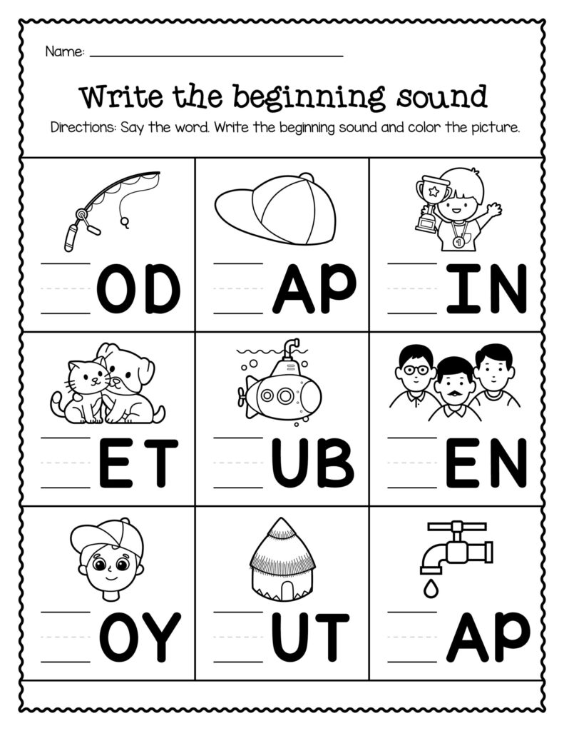 Beginning sound worksheet with nine picture boxes