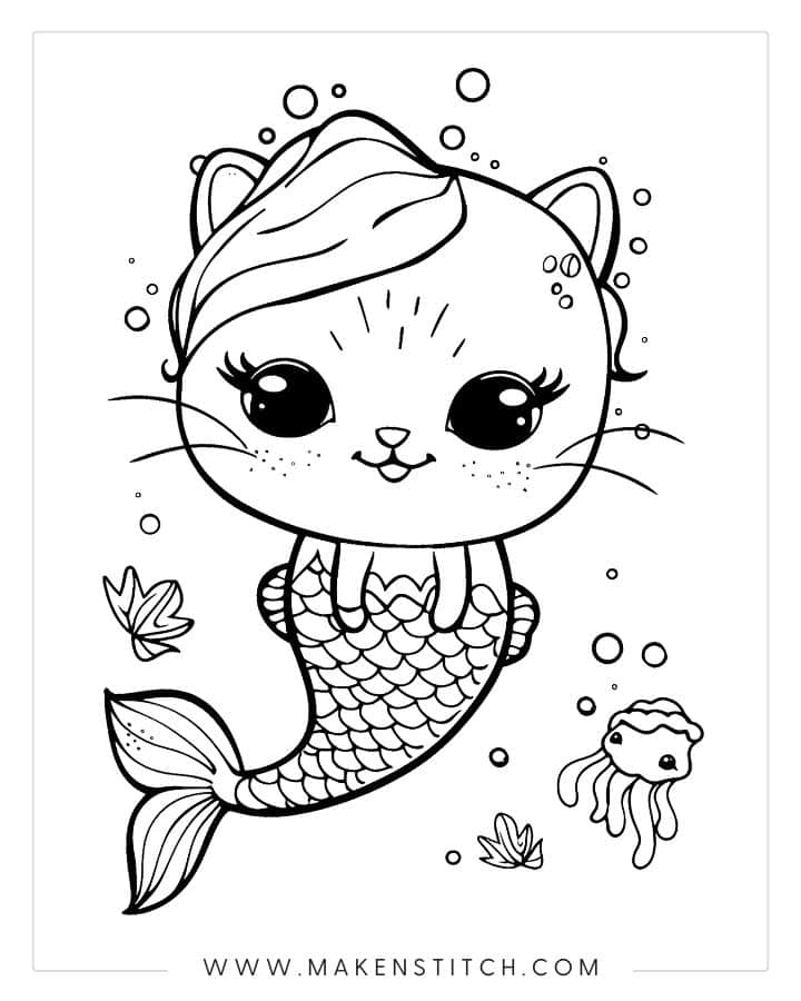 Cute cat mermaid coloring page with bubbles