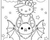 Hello Kitty wearing a witch hat rides a bat-like creature at night