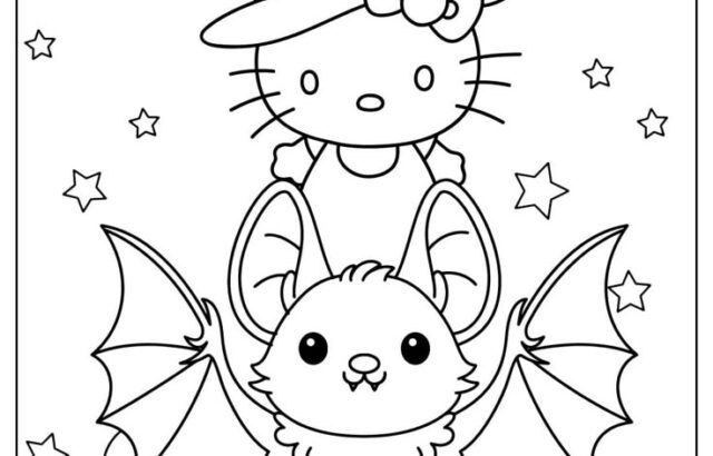 Hello Kitty wearing a witch hat rides a bat-like creature at night