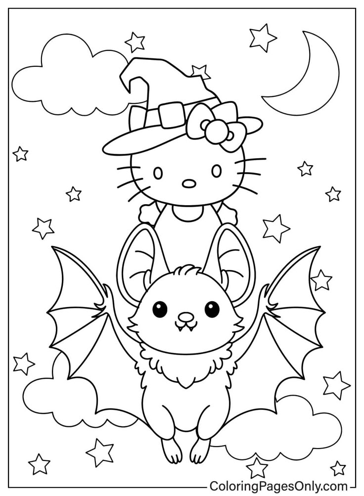 Hello Kitty wearing a witch hat rides a bat-like creature at night
