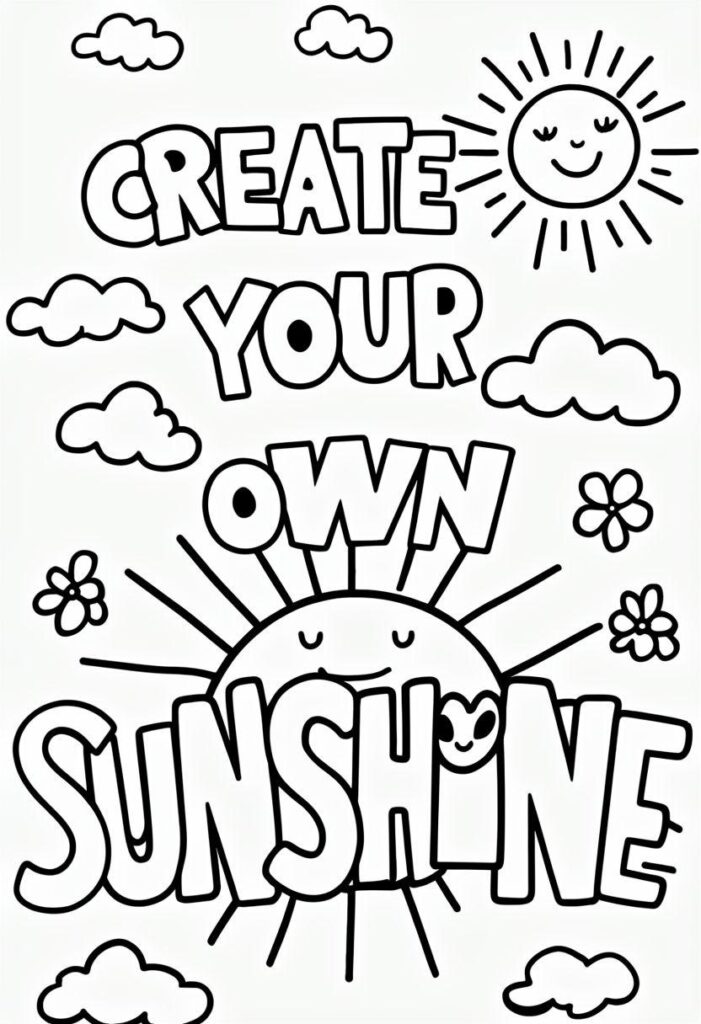 Coloring page with “Create Your Own Sunshine” text and sun