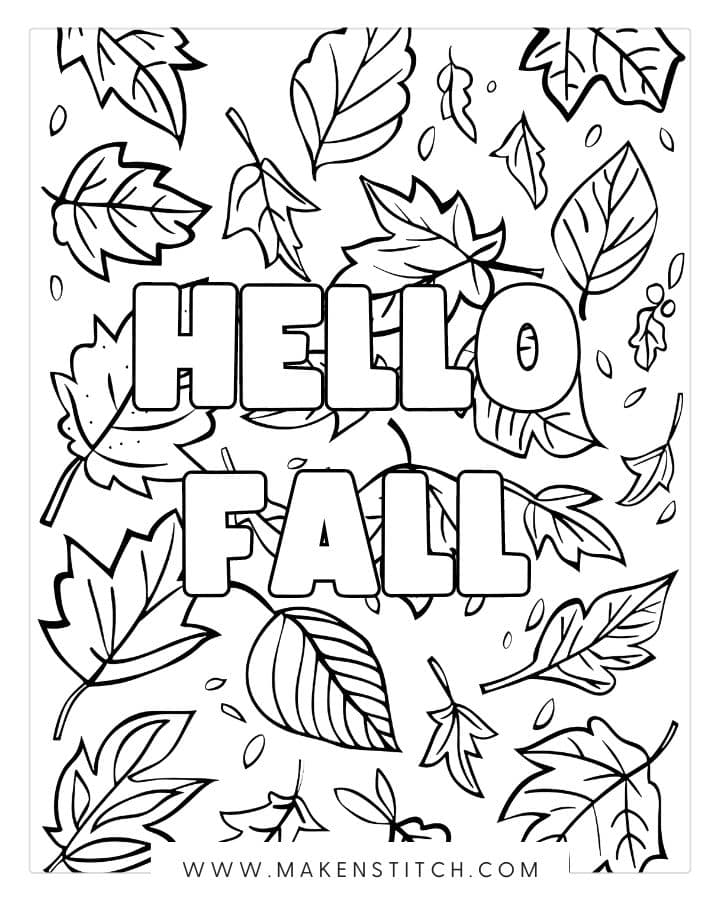 Black-and-white fall coloring page with leaves and “HELLO FALL” text